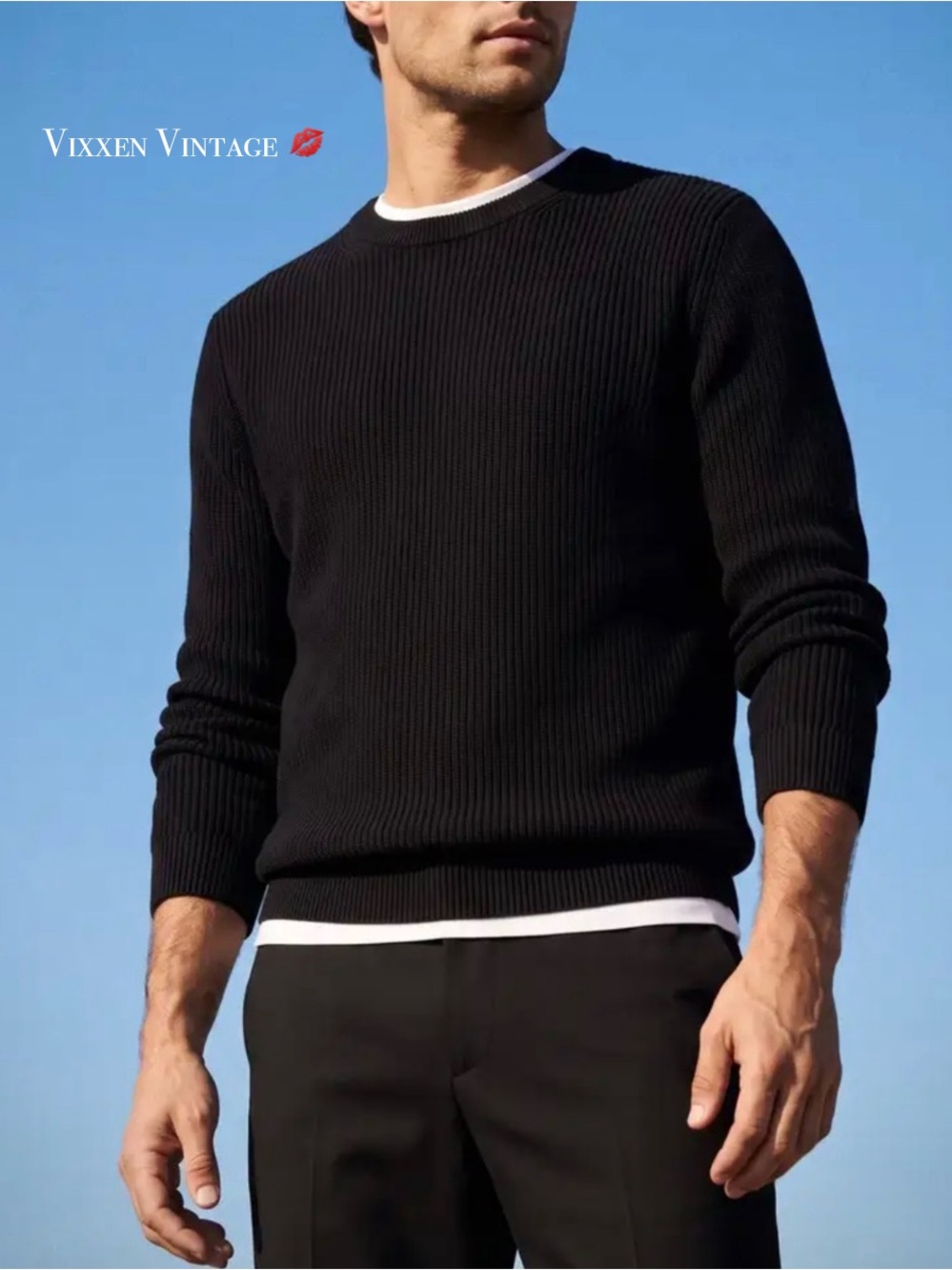 FACONNABLE MICRO-RIBBED 'COTTON CREW NECK BIRDIE SWEATER' IN BLACK